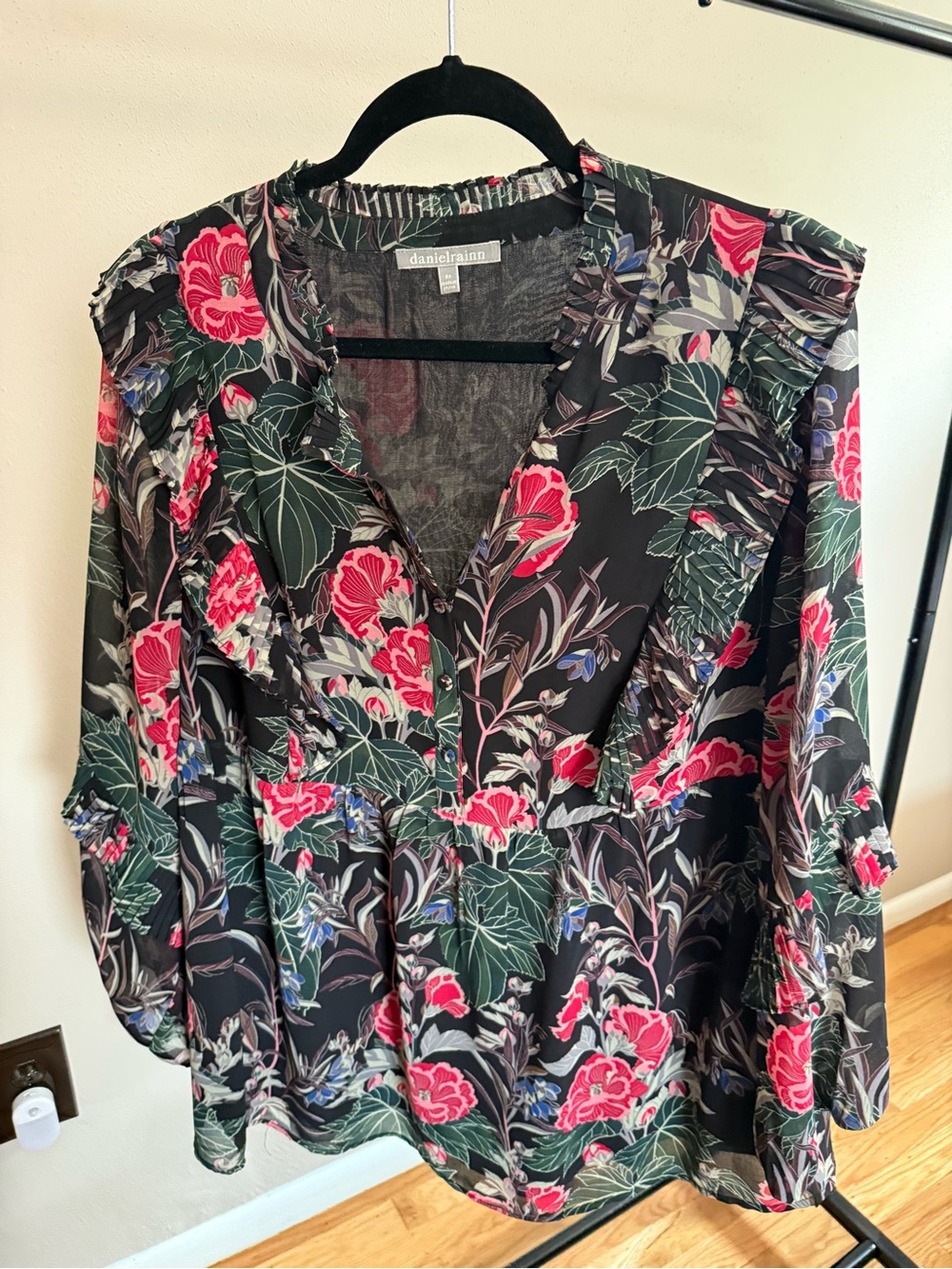 Daniel Rainn Black Floral Ruffle V-Neck Blouse - Pink & Green